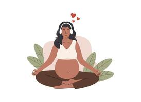 Pregnant woman meditating in lotus position while listening to music with headphones. Practicing hypnobirthing for calm and mindful childbirth. Flat Illustration isolated on white background. vector