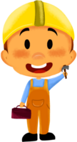 Adorable boy character dressed as a construction worker with a yellow safety helmet, orange overalls, holding a hammer and toolbox png
