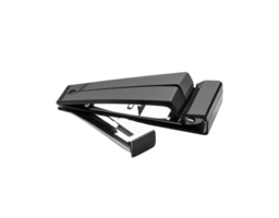 Sleek Black Stapler with Open Loading Tray Showing Metal Mechanism and Modern Design. png