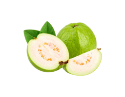 Fresh Green Guava Fruit with Pink Flesh Halved and Sliced with Leaves. png