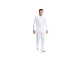 Young Man in White Uniform Walking Forward Confidently. png