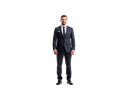 Confident Businessman in Dark Suit with White Pocket Square Standing Tall. png