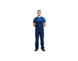 Smiling Man in Blue Overalls Standing with Hands Behind Back. png