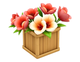 3D Render of Flowers in a Wooden Planter png