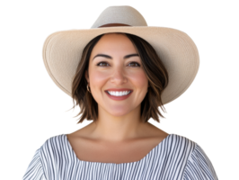 Bright smile of a woman wearing a sun hat in summer attire png