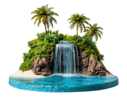 Lush tropical waterfall surrounded by greenery and palm trees png