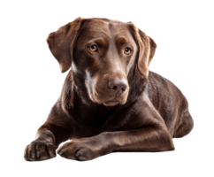 Brown Labrador resting with an attentive expression in a cozy setting png