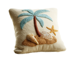 Decorative cushion with beach theme featuring palm tree and seashells png
