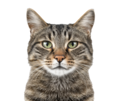 Striking portrait of a confident tabby cat with vivid green eyes png
