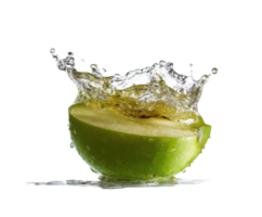 Fresh green apple splashing in crystal clear water with bubbles png