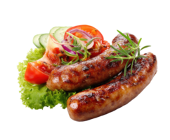 Grilled sausages with fresh vegetables and herbs for summer barbecues png