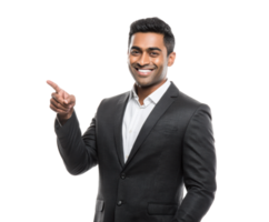Confident man in suit pointing and smiling in a bright setting png