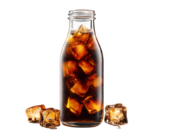 Refreshing beverage in a glass bottle with ice cubes png