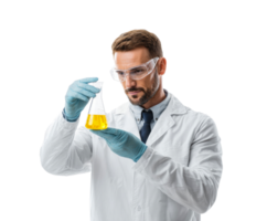 Laboratory work with chemist analyzing yellow liquid in flask png