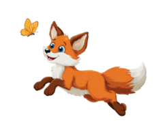 Playful fox chasing a butterfly in a whimsical setting png