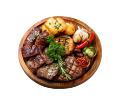 Grilled meat platter with veggies and spices png