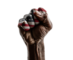 Fist raised with American flag pattern expressing strength and unity png