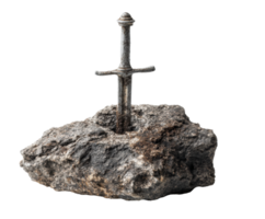 Sword embedded in rock representing ancient legend and adventure png