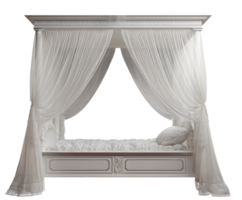 Elegant white canopy bed with soft curtains for serenity png