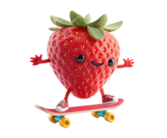 Fun strawberry character skateboarding in a playful scene png
