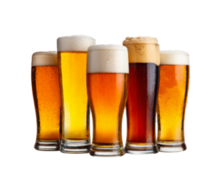 Diverse craft beers in glasses displaying vibrant colors png