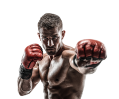 Strong fighter demonstrating boxing skills in training session png