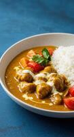 A close up of a flavorful curry dish with rice photo