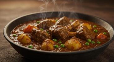 Steaming bowl of flavorful lamb curry with potatoes and peas. photo