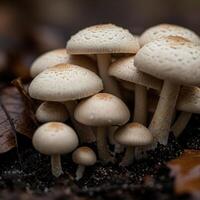 Close up of a cluster of white mushrooms in a forest setting. photo