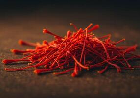 A pile of vibrant saffron threads against a dark background. photo