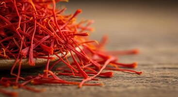 Close up shot of vibrant saffron threads, perfect for culinary use. photo