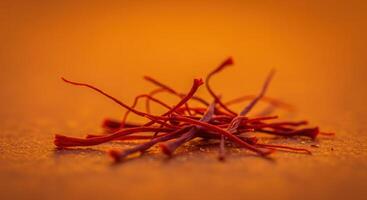 Pile of vibrant red saffron threads with an orange backdrop. photo