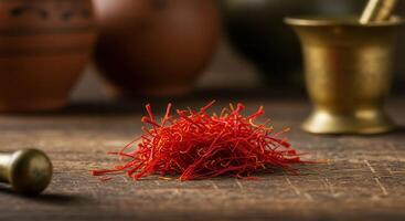 A pile of vibrant saffron threads on a wooden table. photo