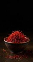 A beautiful bowl filled with vibrant saffron threads. photo