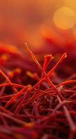 A close-up of beautiful red saffron threads in warm lighting. photo