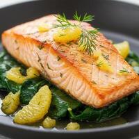 Grilled salmon with spinach and citrus is a culinary delight photo