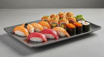 A colorful and appetizing sushi platter arranged on a plate photo