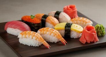 A colorful and appetizing arrangement of fresh sushi on display. photo