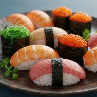 A delightful assortment of fresh sushi on a plate. photo