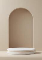 Minimalist podium display with a beige arch in the background photo
