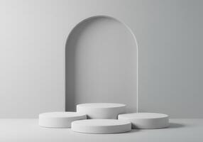 Clean and modern studio setup with platforms and an arch photo