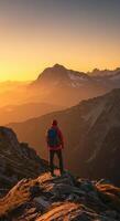Hiker enjoying a stunning sunset view from a mountain peak photo