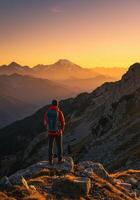 Man enjoying the sunset view from a mountain peak photo