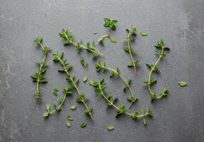 Close up of fresh thyme sprigs on a textured gray backdrop. photo