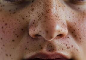 Close-up view of a face with prominent freckles photo