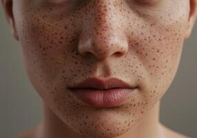 Intimate close-up of a face marked with delicate freckles photo