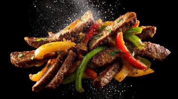 Falling Meat And Peppers For Sizzling Fajitas photo
