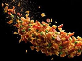 Isolated View Of Rich Paella Elements And Golden Shimmers Falling photo