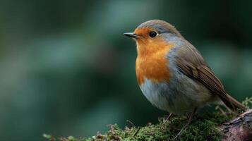 A Cheerful Visiting Robin Sits on a Mossy Twig photo