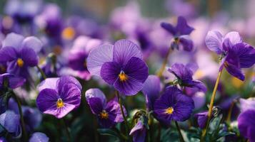 A Bright Field Filled With Purple Pansies photo